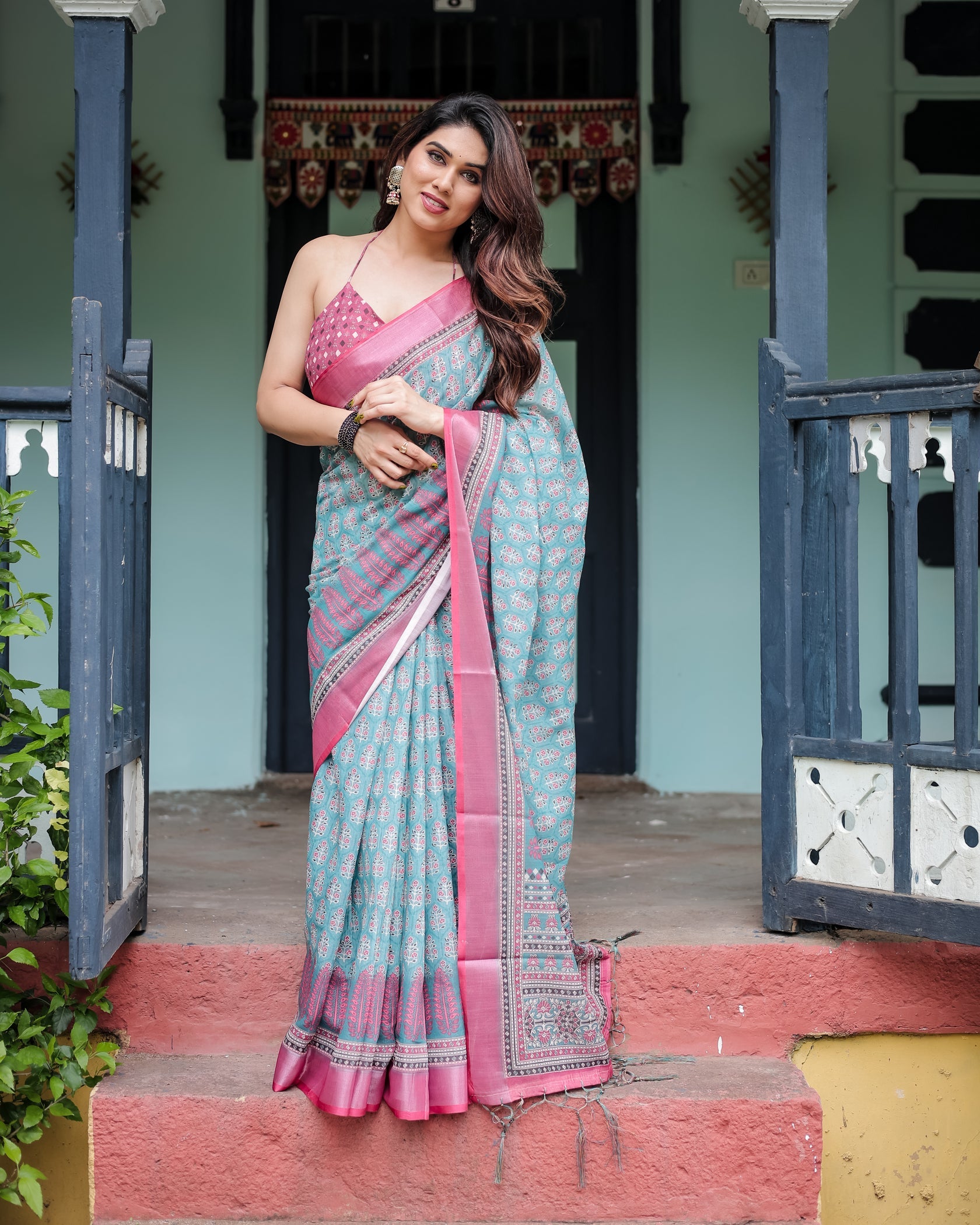 Elegant Teal Linen Cotton Saree with Pink Printed Border & Ethnic Motifs