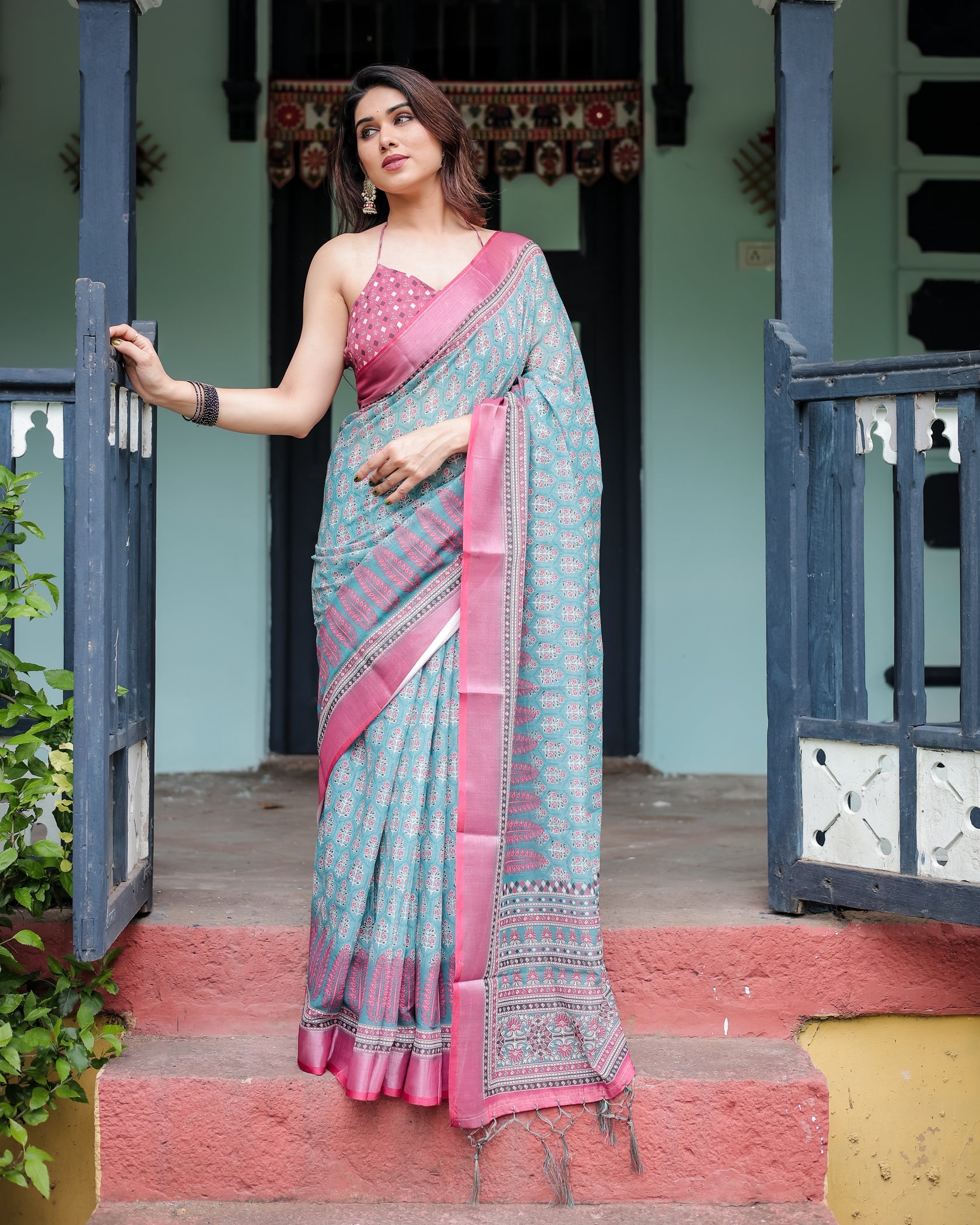 Elegant Teal Linen Cotton Saree with Pink Printed Border & Ethnic Motifs