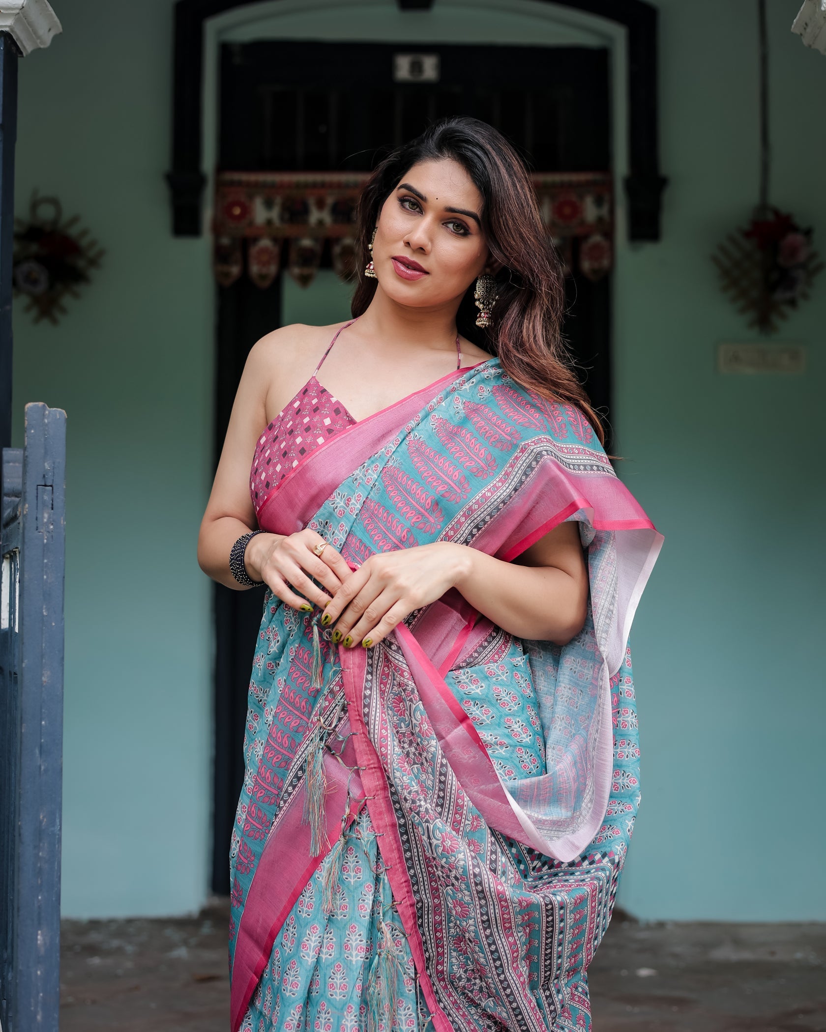Elegant Teal Linen Cotton Saree with Pink Printed Border & Ethnic Motifs
