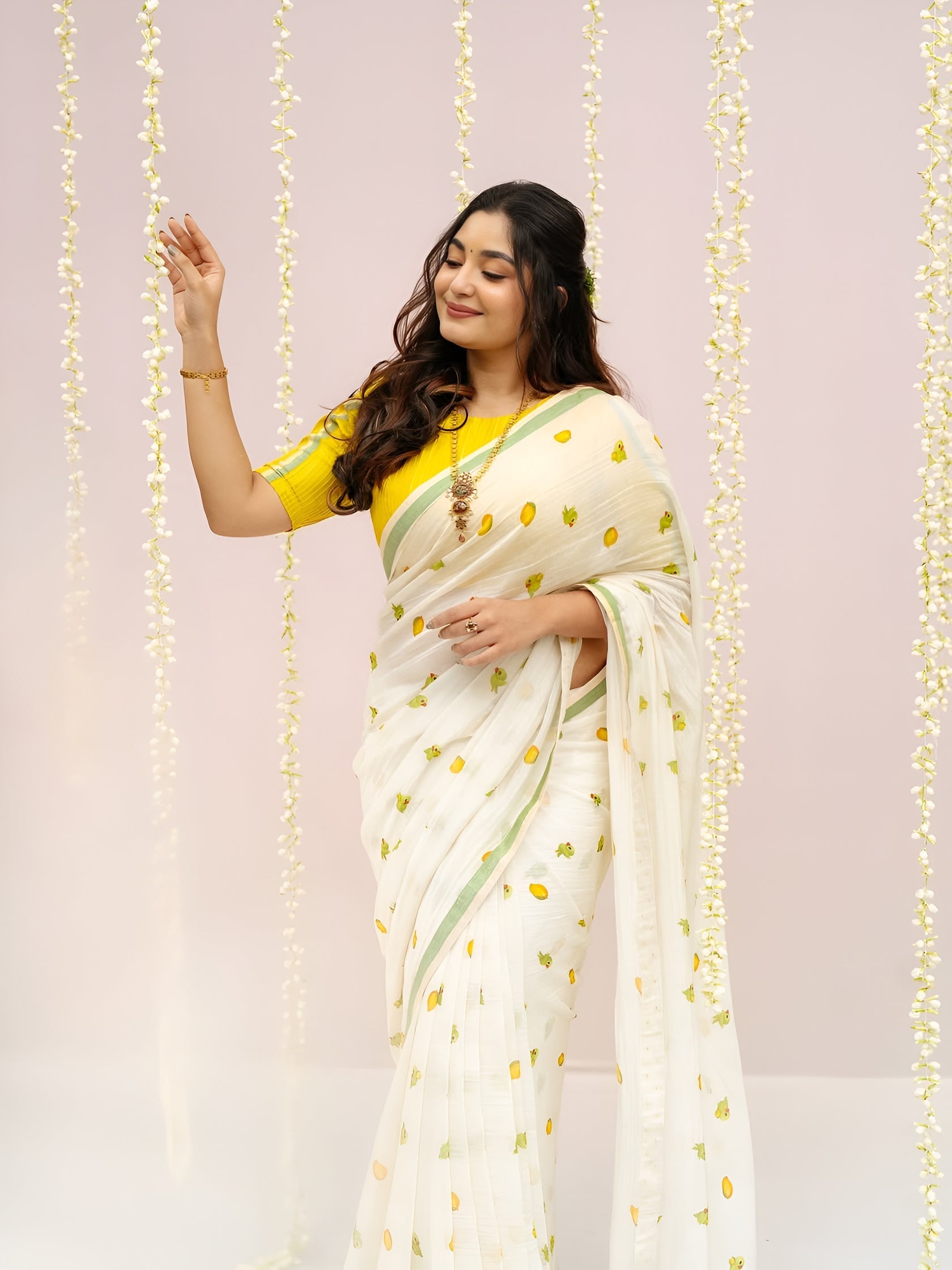 Elegant Off-White Linen Cotton Saree with Parrot Motif & Pastel Green Border