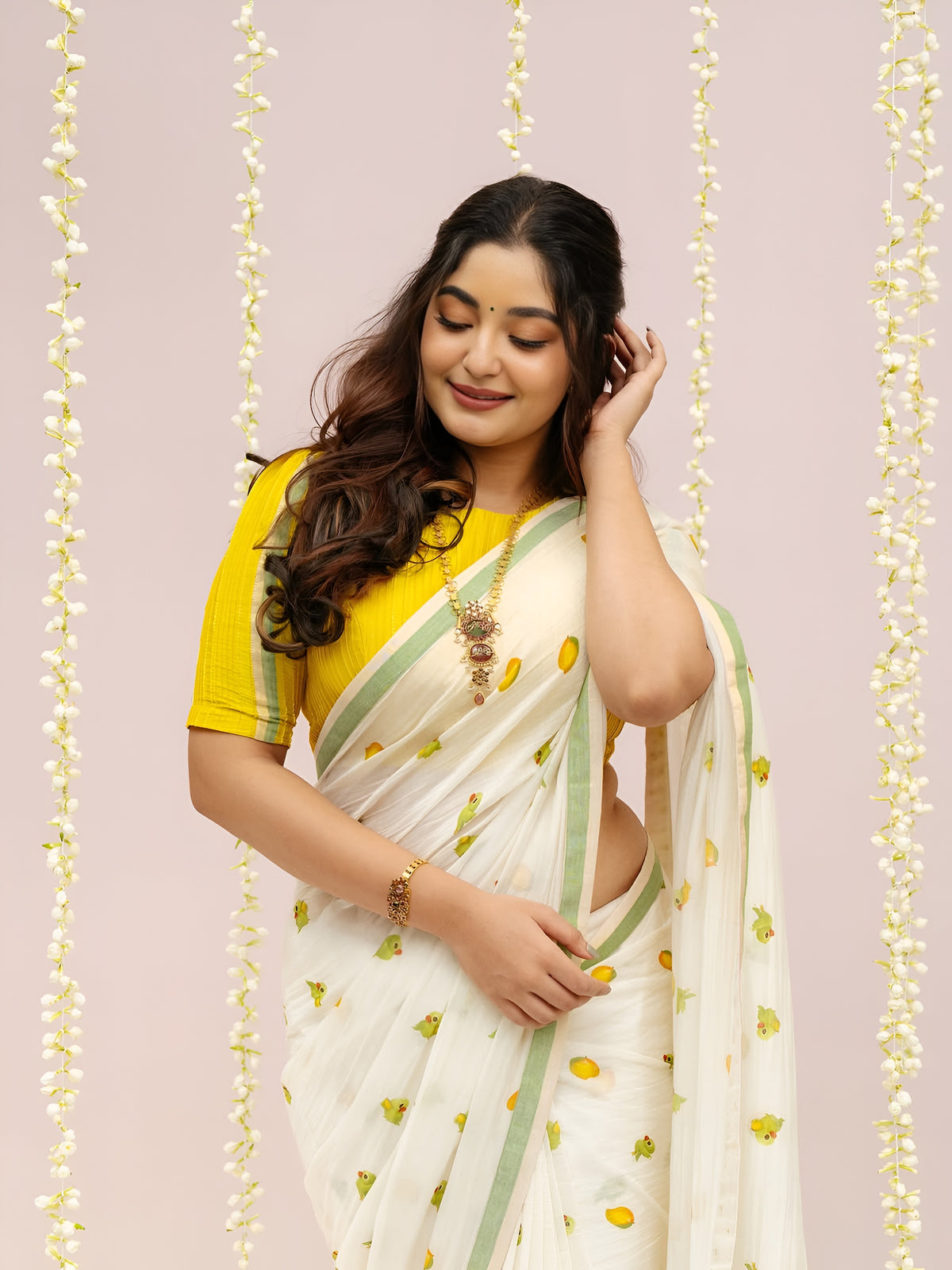 Elegant Off-White Linen Cotton Saree with Parrot Motif & Pastel Green Border