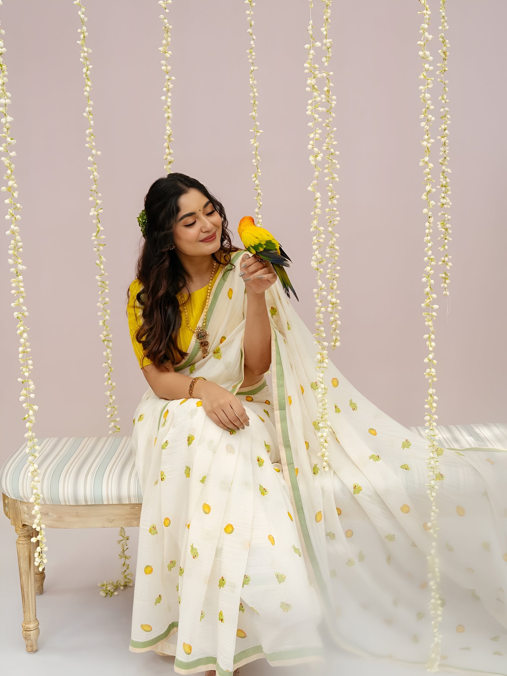 Elegant Off-White Linen Cotton Saree with Parrot Motif & Pastel Green Border