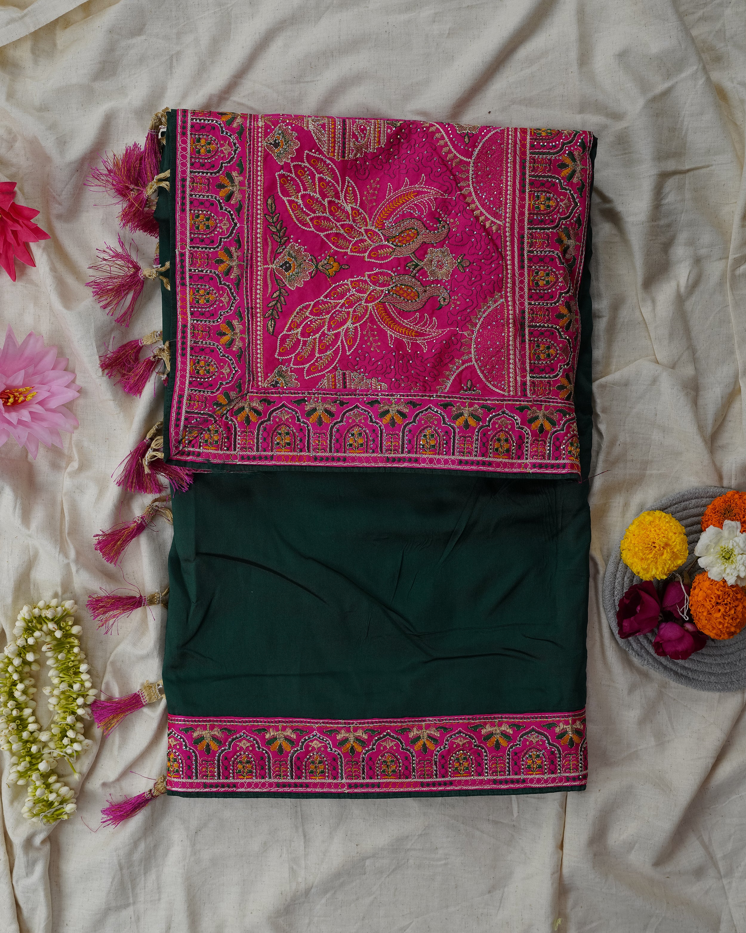 Traditional Saree with Green Peacock Pallu & Embroidered Border