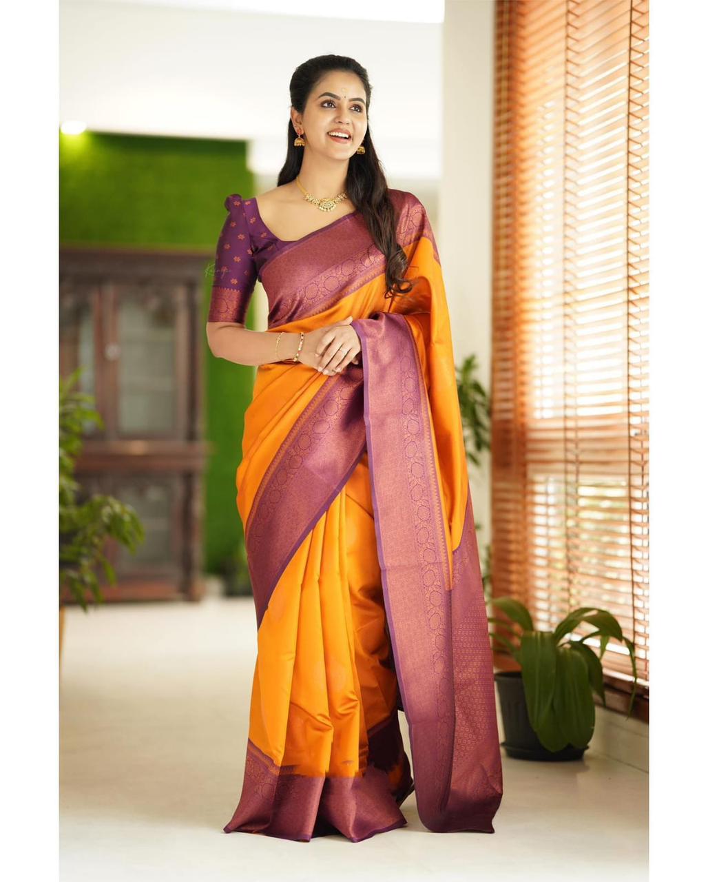 Golden Yellow Soft Silk Blend Saree with Purple Woven Border