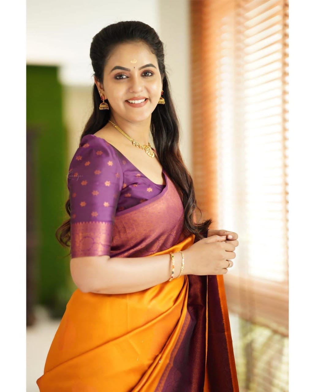Golden Yellow Soft Silk Blend Saree with Purple Woven Border