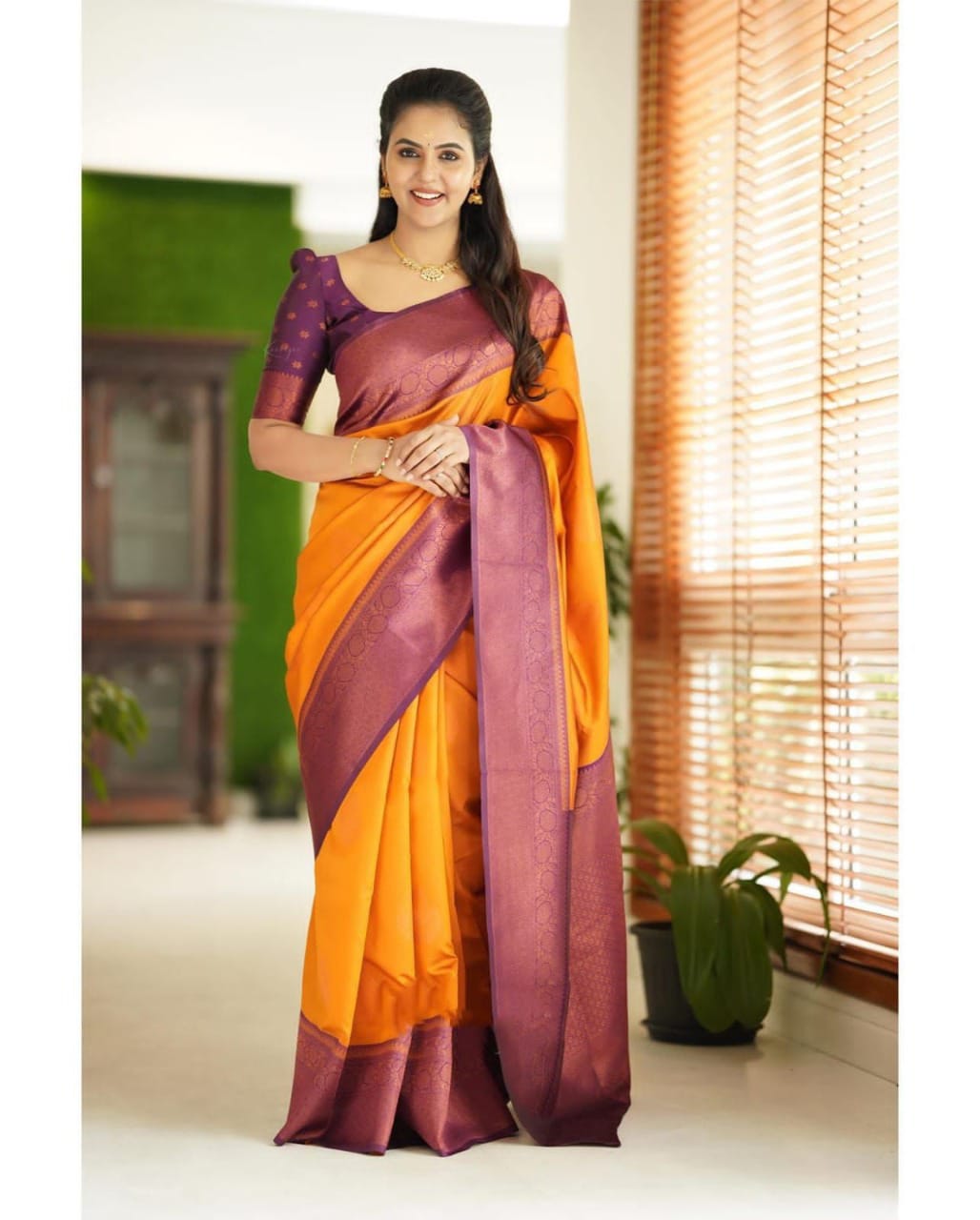 Golden Yellow Soft Silk Blend Saree with Purple Woven Border