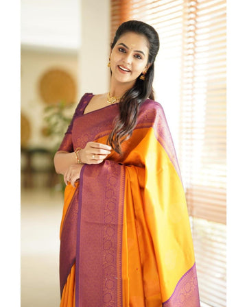 Golden Yellow Soft Silk Blend Saree with Purple Woven Border