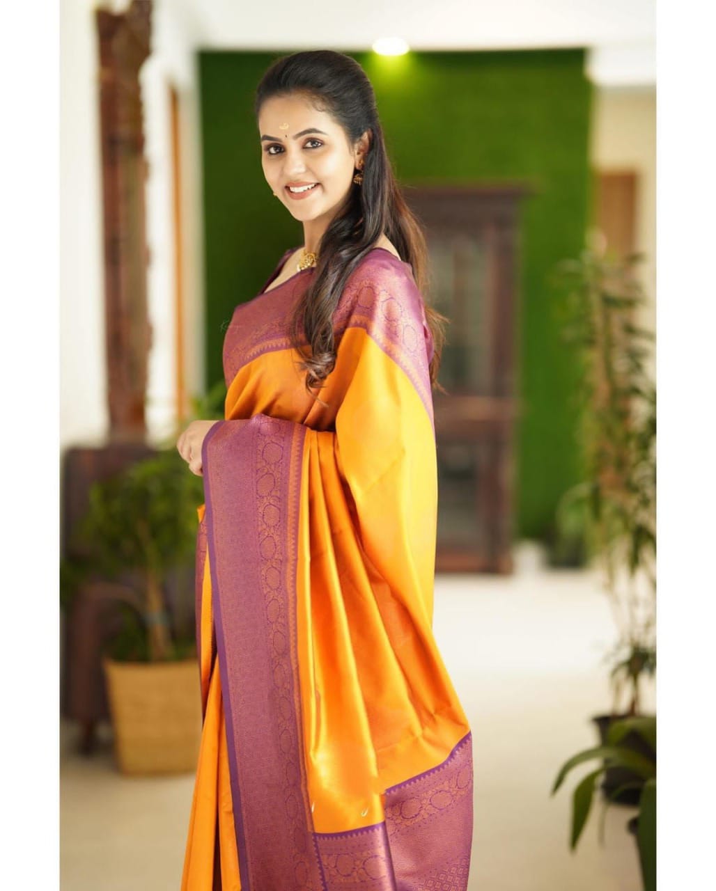 Golden Yellow Soft Silk Blend Saree with Purple Woven Border