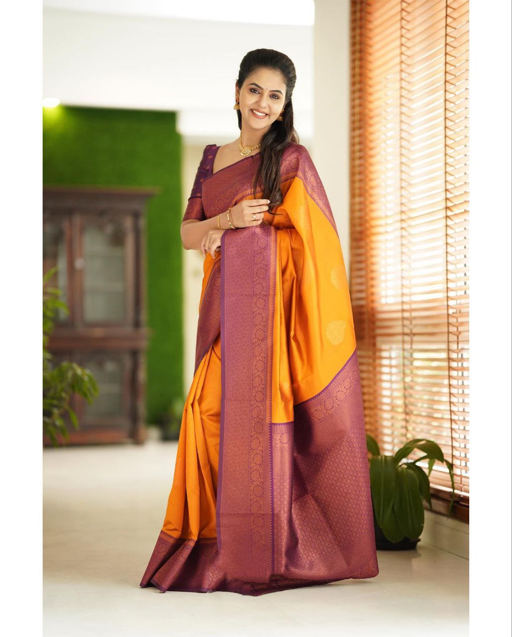 Golden Yellow Soft Silk Blend Saree with Purple Woven Border