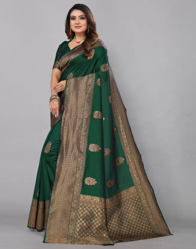 Emerald Green Woven Silk Blend Saree with Antique Gold Zari Border