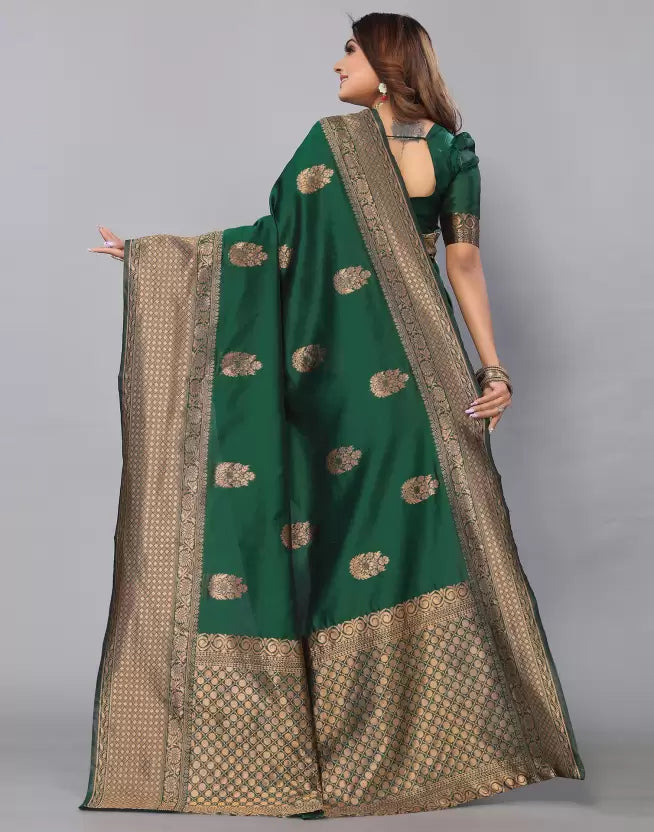 Emerald Green Woven Silk Blend Saree with Antique Gold Zari Border