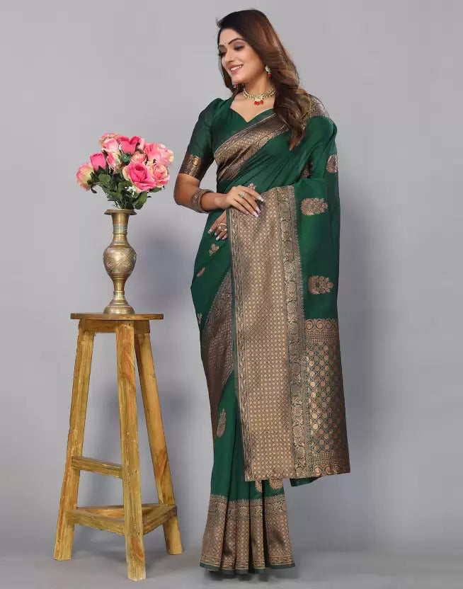 Emerald Green Woven Silk Blend Saree with Antique Gold Zari Border