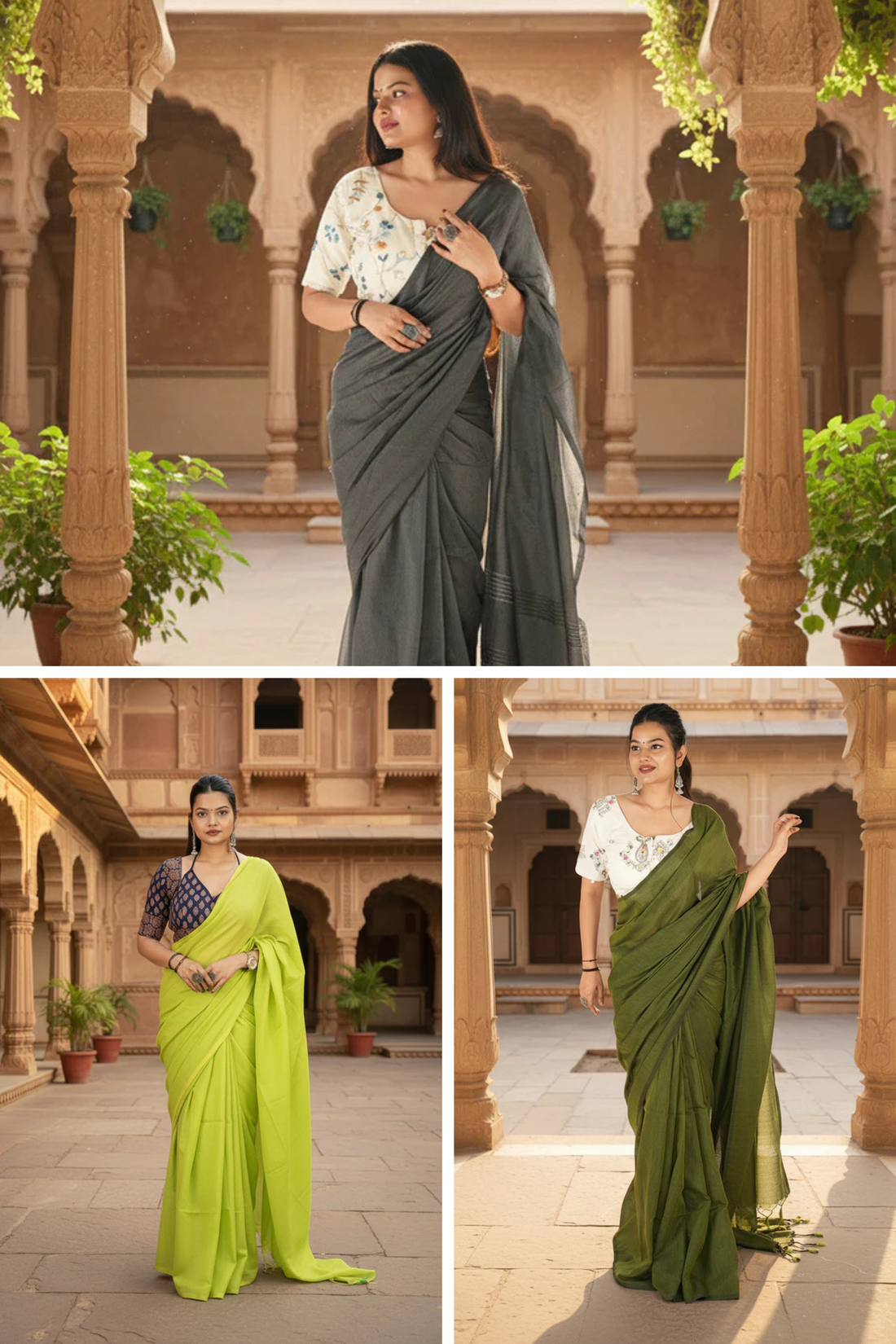 Woman in a gray saree, green saree, and another saree in an outdoor setting with architectural columns.