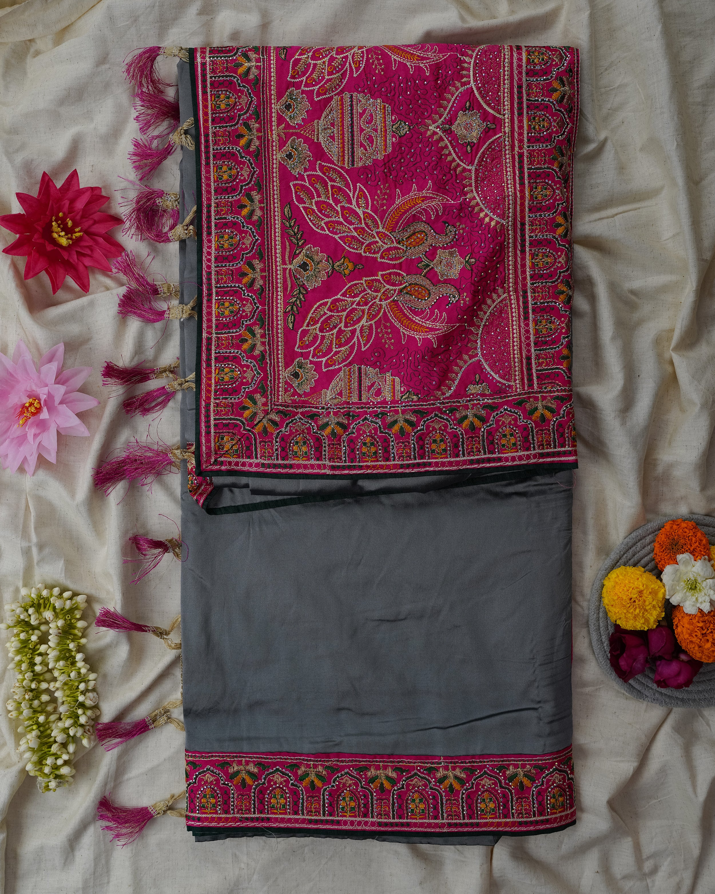 Traditional Saree with Green Peacock Pallu & Embroidered Border