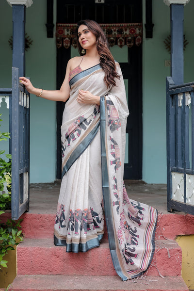 Heritage Beige Linen Cotton Saree with Elephant Motif Border & Artistic Pallu
