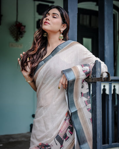 Heritage Beige Linen Cotton Saree with Elephant Motif Border & Artistic Pallu
