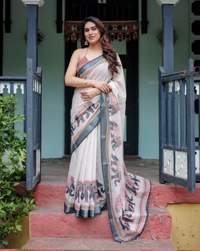 Heritage Beige Linen Cotton Saree with Elephant Motif Border & Artistic Pallu