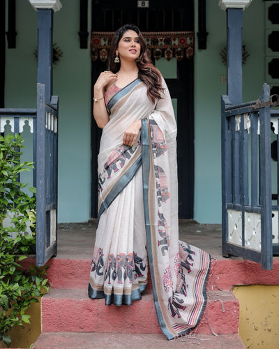 Heritage Beige Linen Cotton Saree with Elephant Motif Border & Artistic Pallu