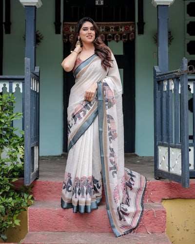 Heritage Beige Linen Cotton Saree with Elephant Motif Border & Artistic Pallu