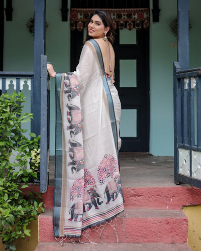 Heritage Beige Linen Cotton Saree with Elephant Motif Border & Artistic Pallu