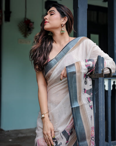 Heritage Beige Linen Cotton Saree with Elephant Motif Border & Artistic Pallu