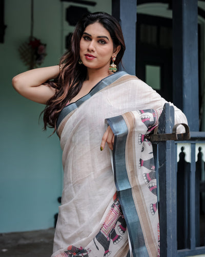 Heritage Beige Linen Cotton Saree with Elephant Motif Border & Artistic Pallu