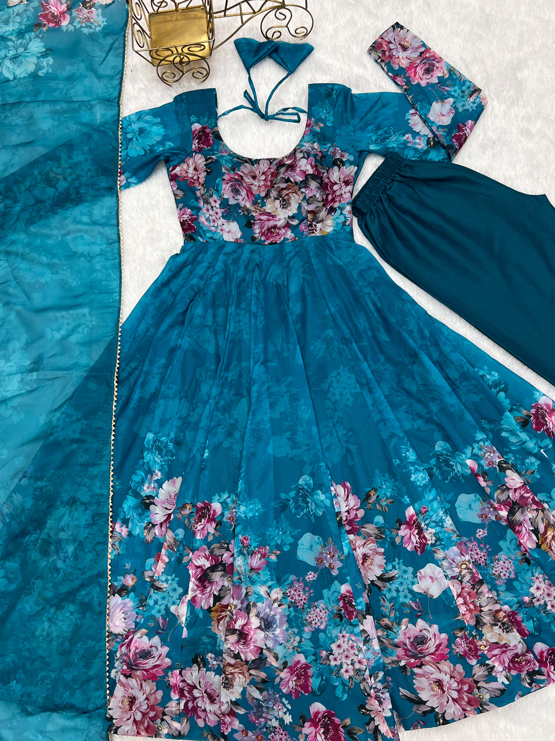 Teal Blue Floral Printed Soft Organza Silk Flared Anarkali Gown with Dupatta & Pant Set