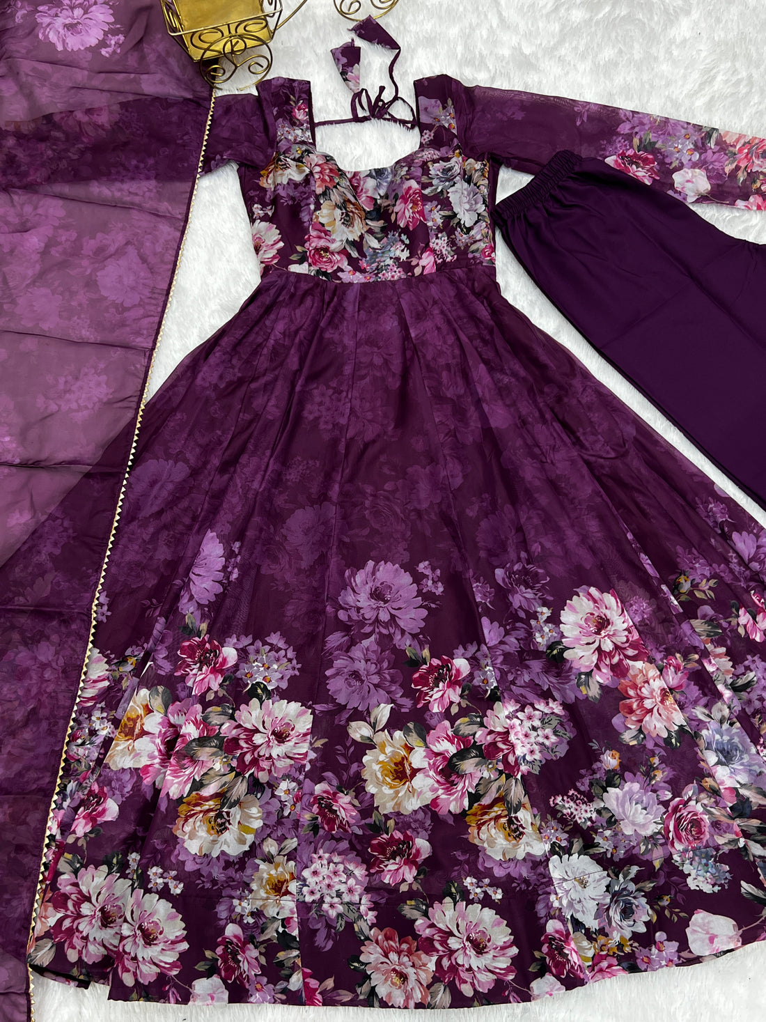 Wine Purple Floral Printed Soft Organza Silk Flared Anarkali Gown with Dupatta & Pant Set