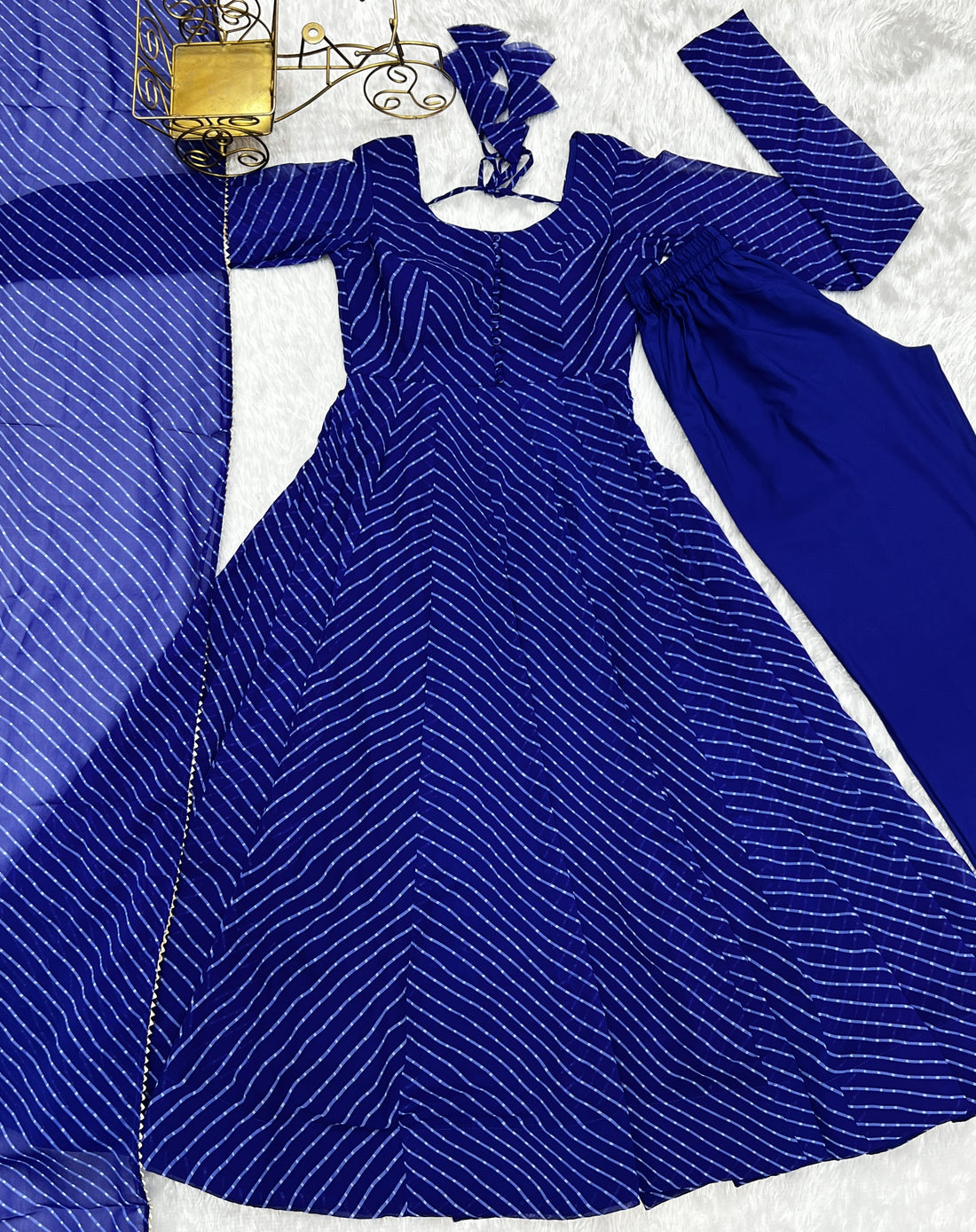 Royal Blue Leheriya Printed Georgette Flared Anarkali Gown with Dupatta & Pant Set