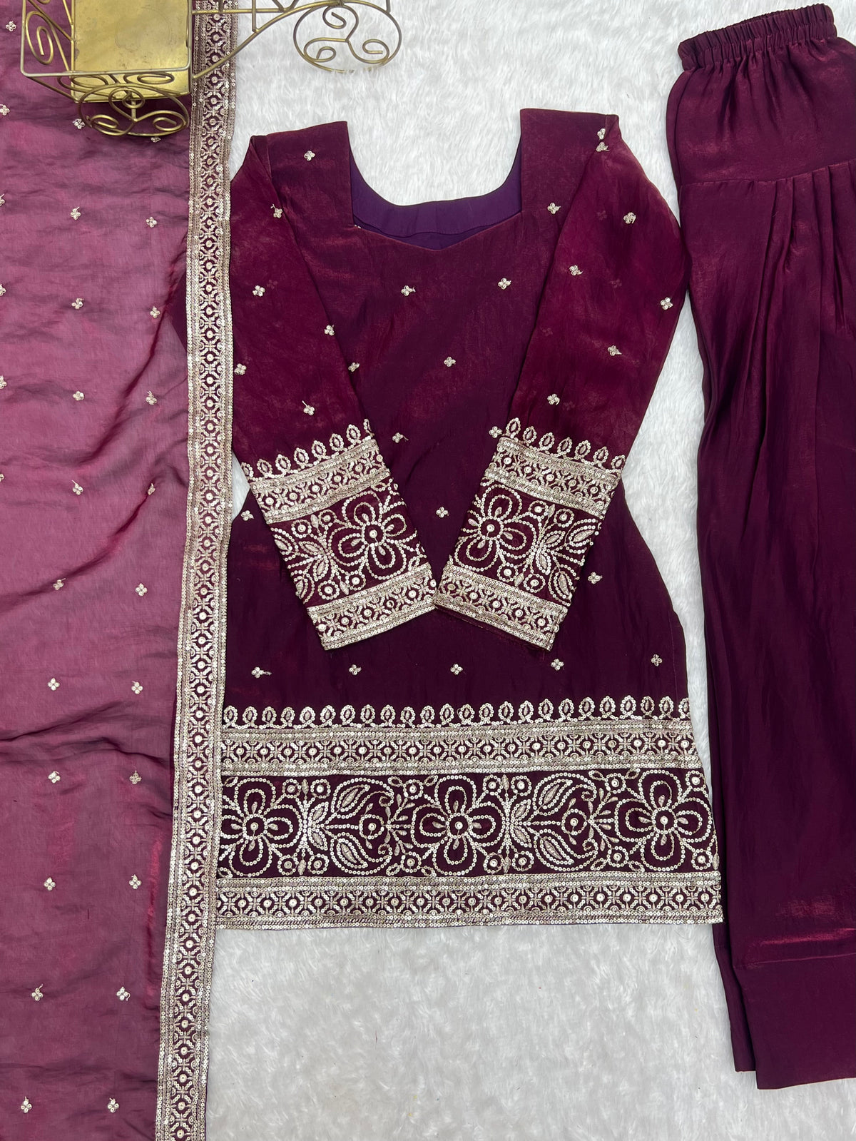 Wine Purple Fendy Silk Embroidered Kurta with Farshi Salwar & Dupatta Set