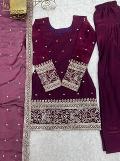 Wine Purple Fendy Silk Embroidered Kurta with Farshi Salwar & Dupatta Set