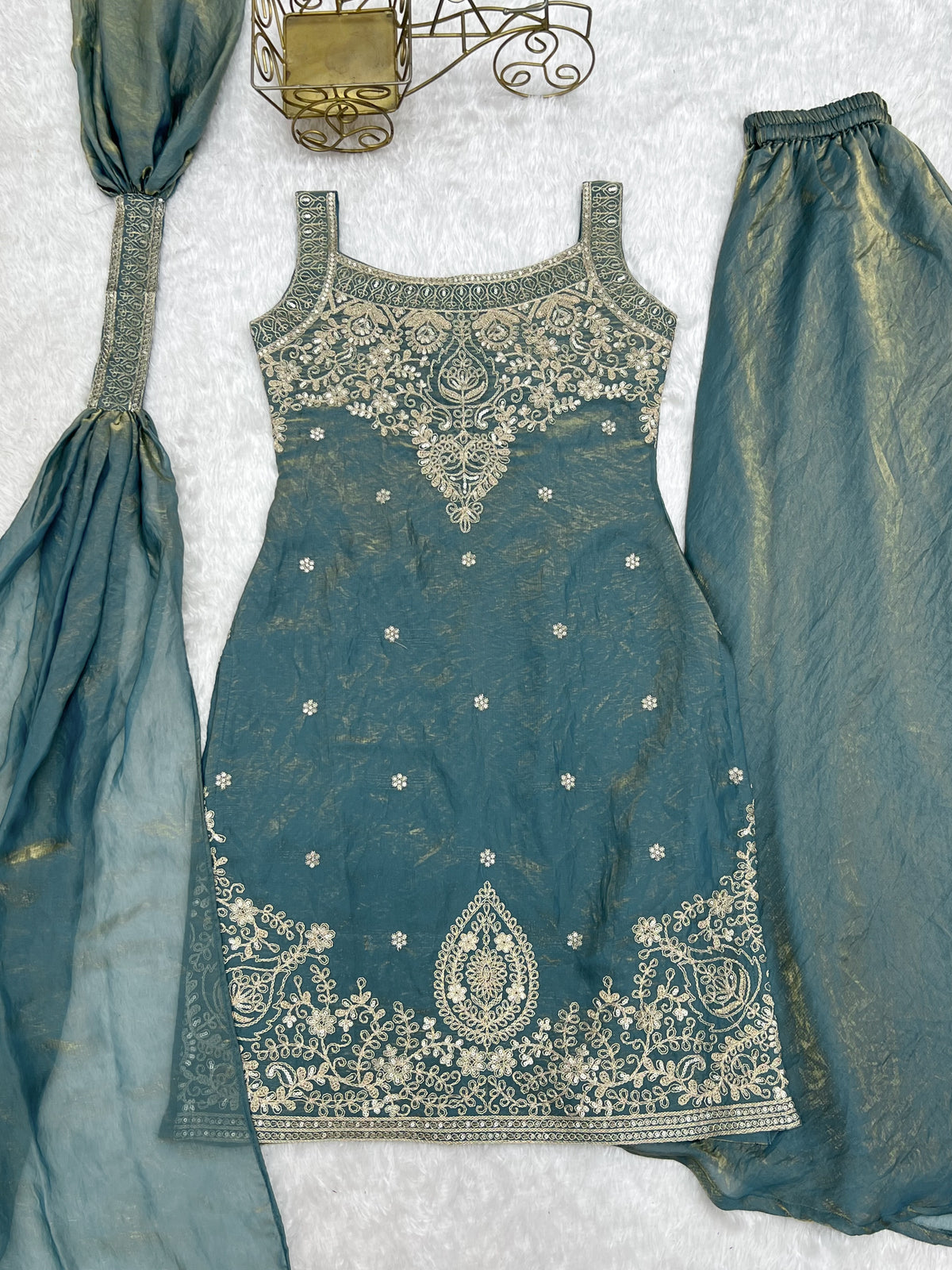 Sea Green Fendy Silk Embroidered Kurta with Flared Sharara & Dupatta Set