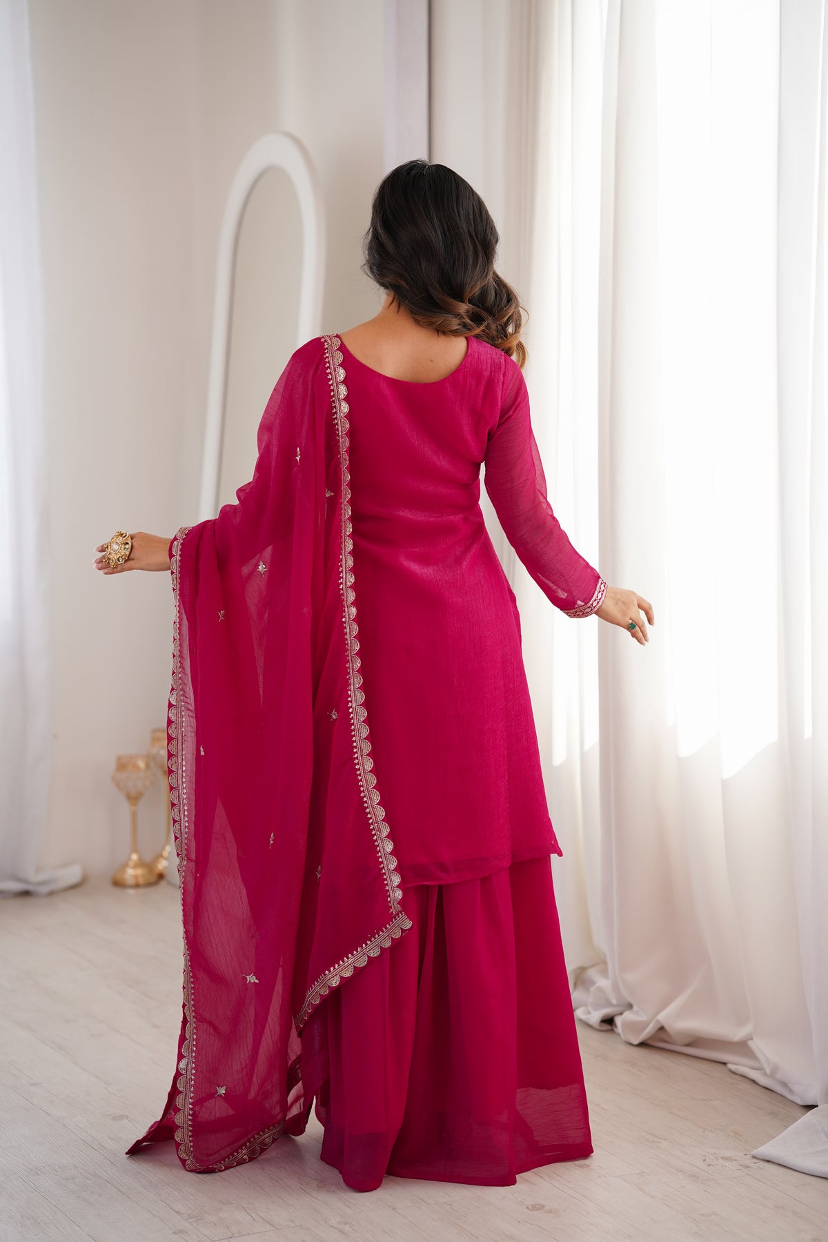 Premium Crunchy Silk Embroidered Kurta with Flared Sharara & Dupatta Set Dark Rani Pink