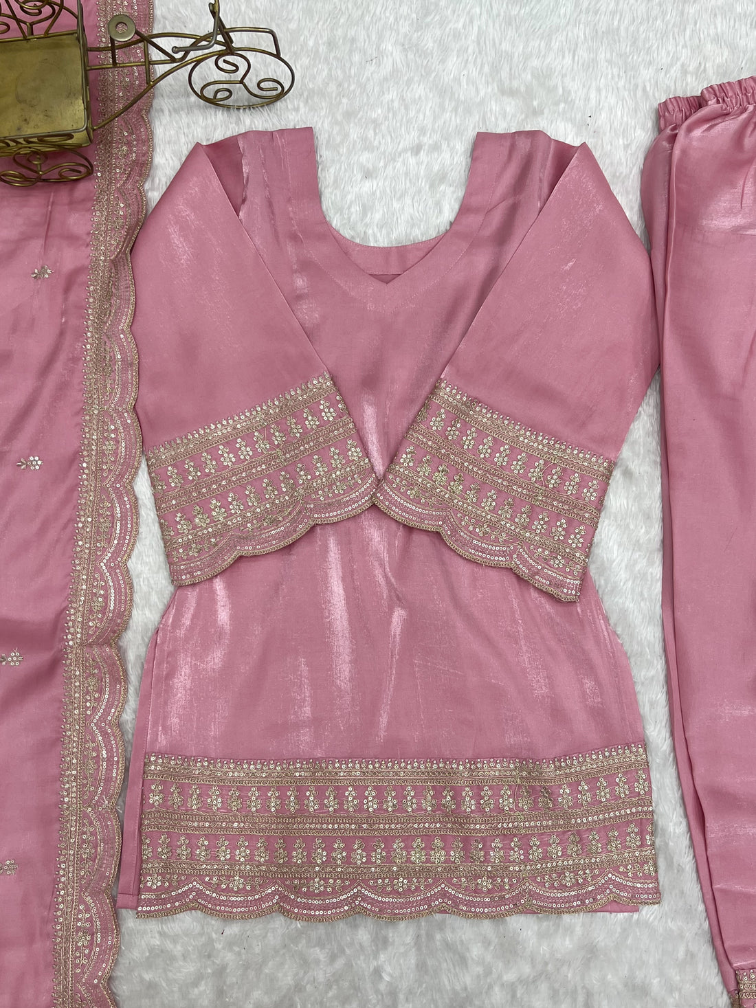 Blush Pink Glass Roman Silk Embroidered Kurta with Farshi Salwar & Dupatta Set