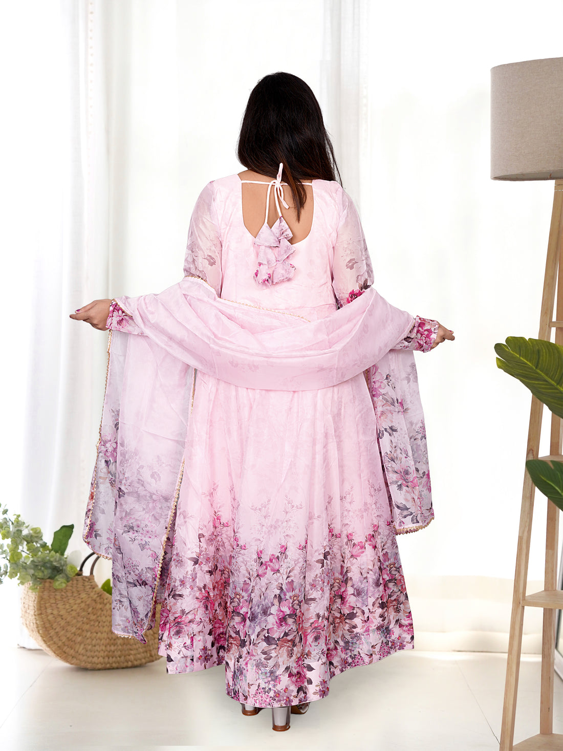 Baby Pink Floral Printed Soft Organza Silk Flared Anarkali Gown with Dupatta & Pant Set