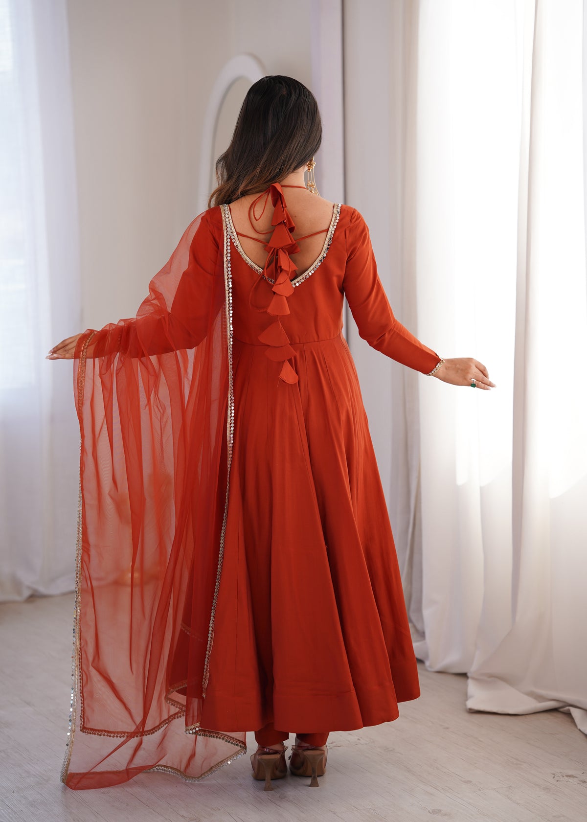 Rust Orange Romansilk Chanderi Flared Anarkali Gown with Net Dupatta & Pant Set