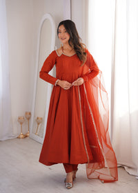 Rust Orange Romansilk Chanderi Flared Anarkali Gown with Net Dupatta & Pant Set