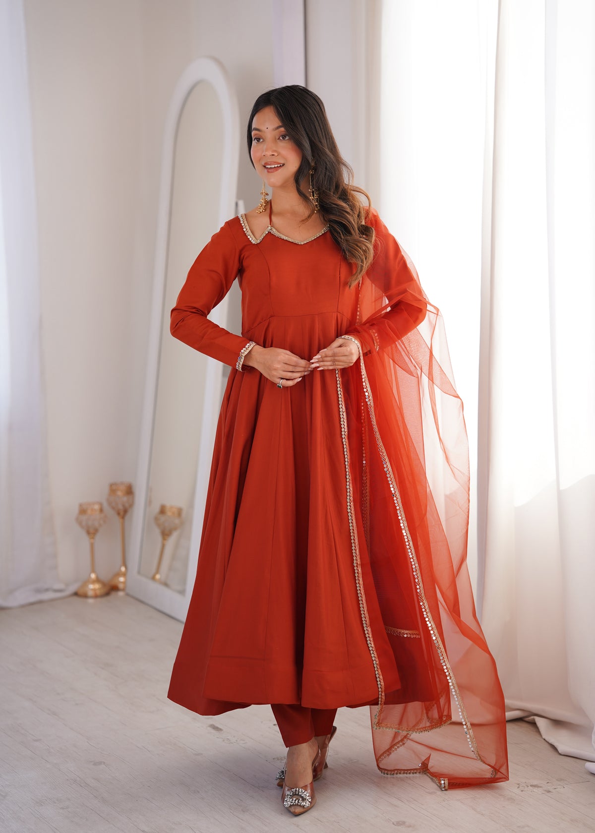 Rust Orange Romansilk Chanderi Flared Anarkali Gown with Net Dupatta & Pant Set