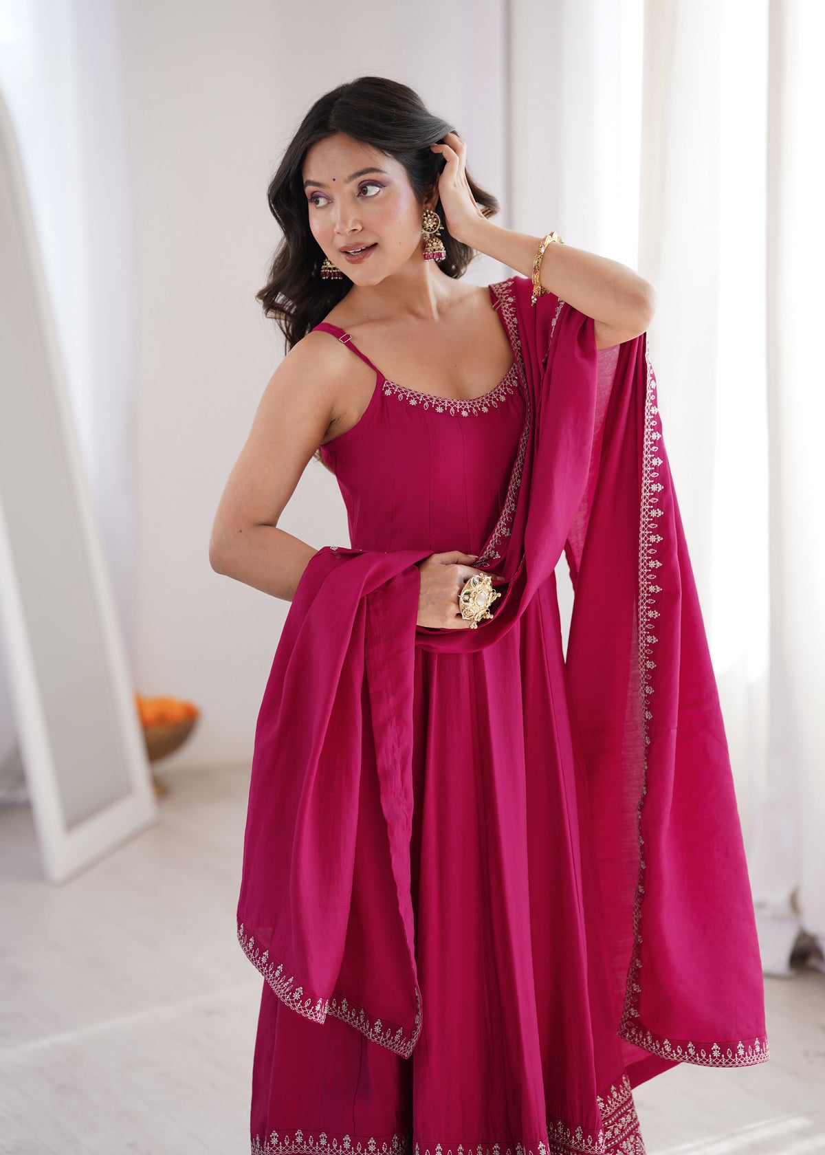 Rani Pink Romansilk Chanderi Sleeveless Flared Anarkali Gown with Embroidered Dupatta & Pant Set