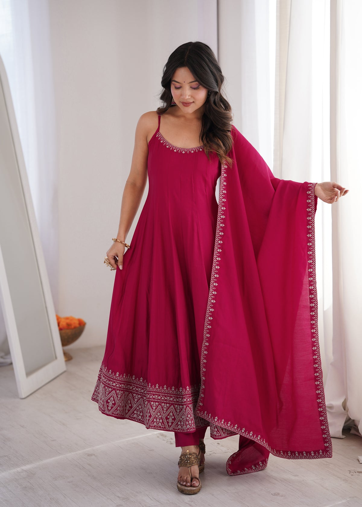 Rani Pink Romansilk Chanderi Sleeveless Flared Anarkali Gown with Embroidered Dupatta & Pant Set