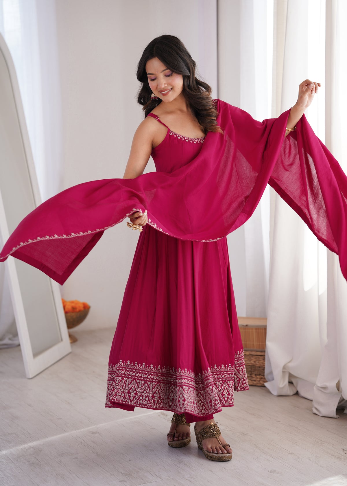 Rani Pink Romansilk Chanderi Sleeveless Flared Anarkali Gown with Embroidered Dupatta & Pant Set