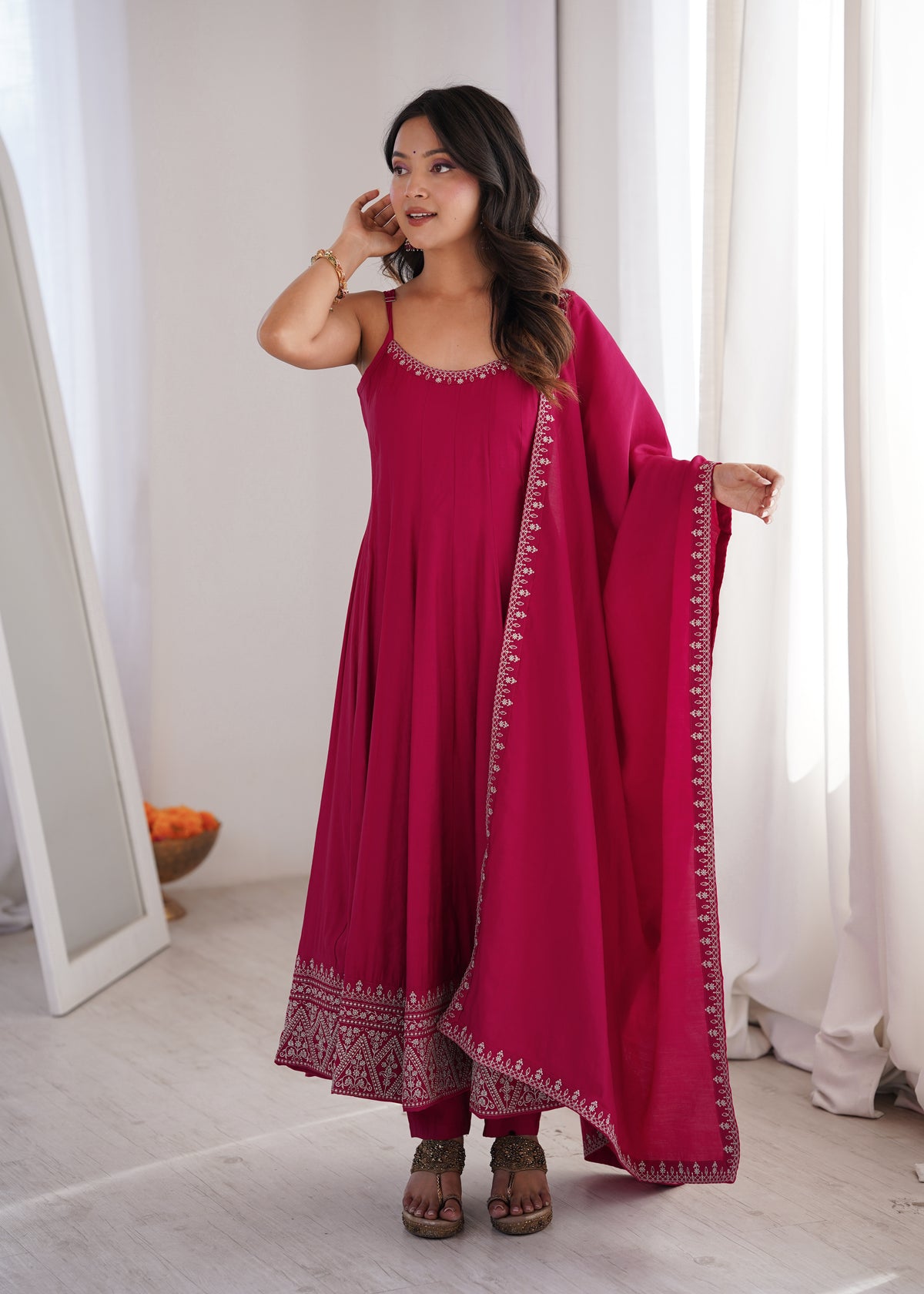 Rani Pink Romansilk Chanderi Sleeveless Flared Anarkali Gown with Embroidered Dupatta & Pant Set