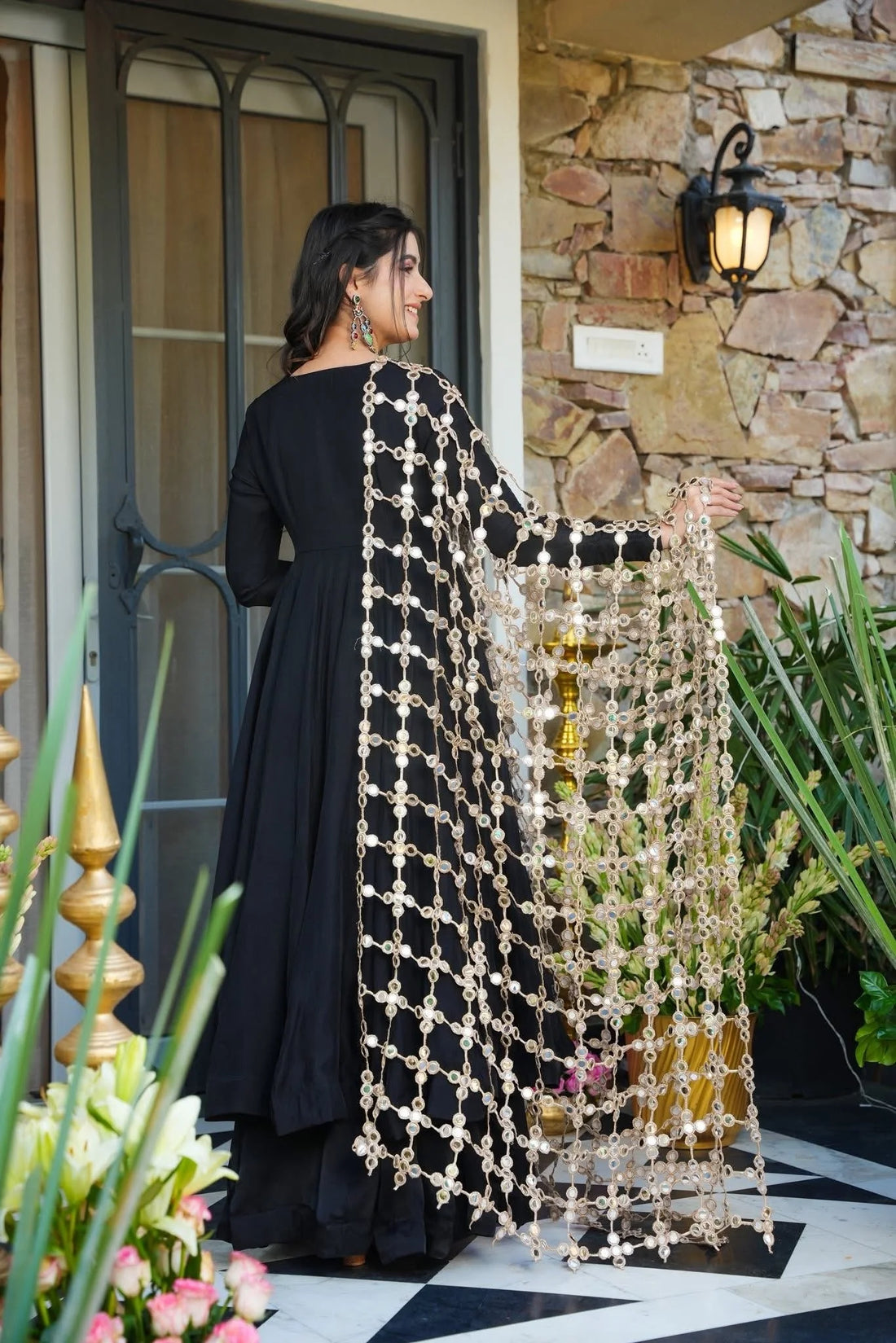 Elegant Black Flared Anarkali Gown with Gold Embellished Dupatta & Palazzo Set
