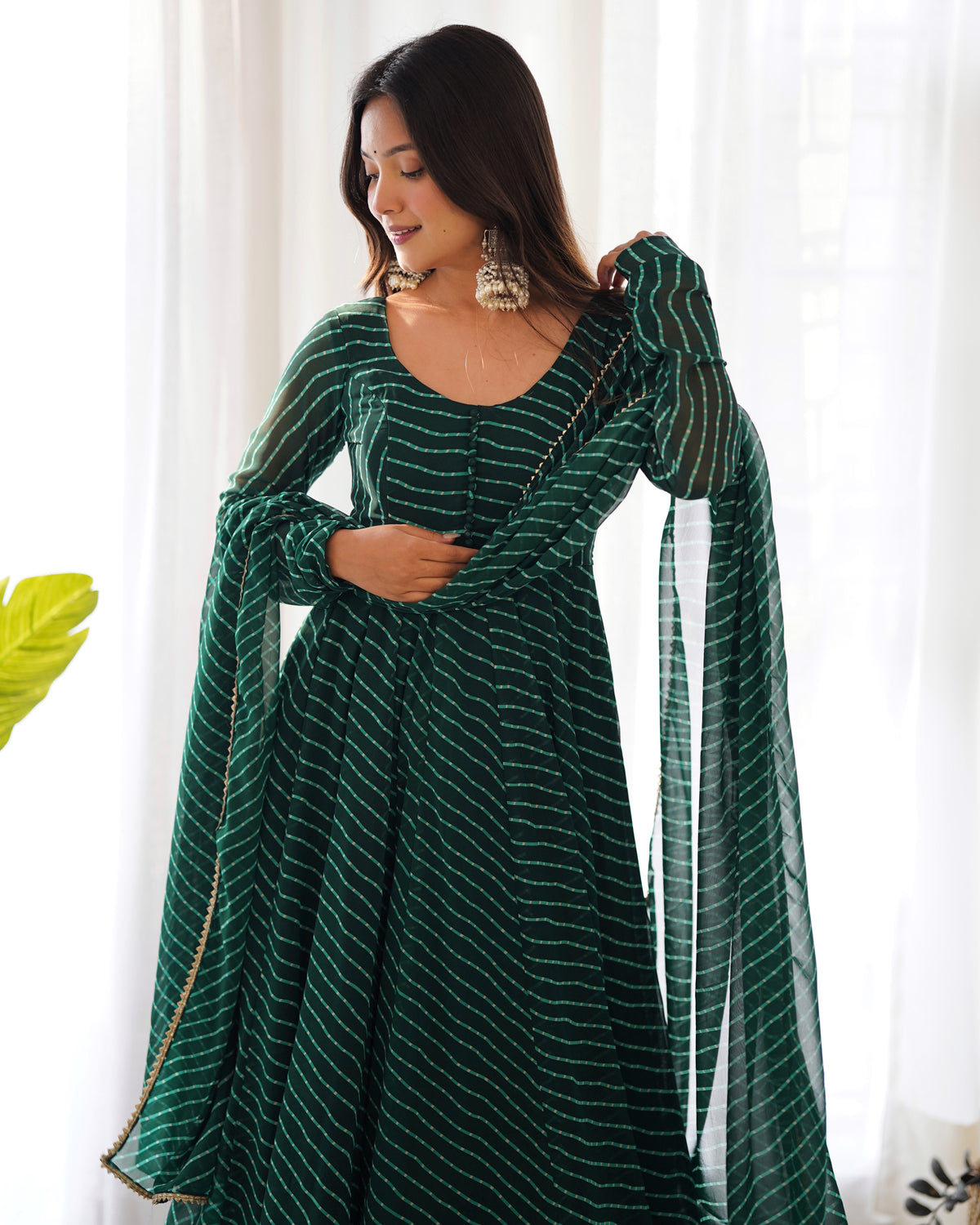 Bottle Green Leheriya Printed Georgette Flared Anarkali Gown with Dupatta & Pant Set