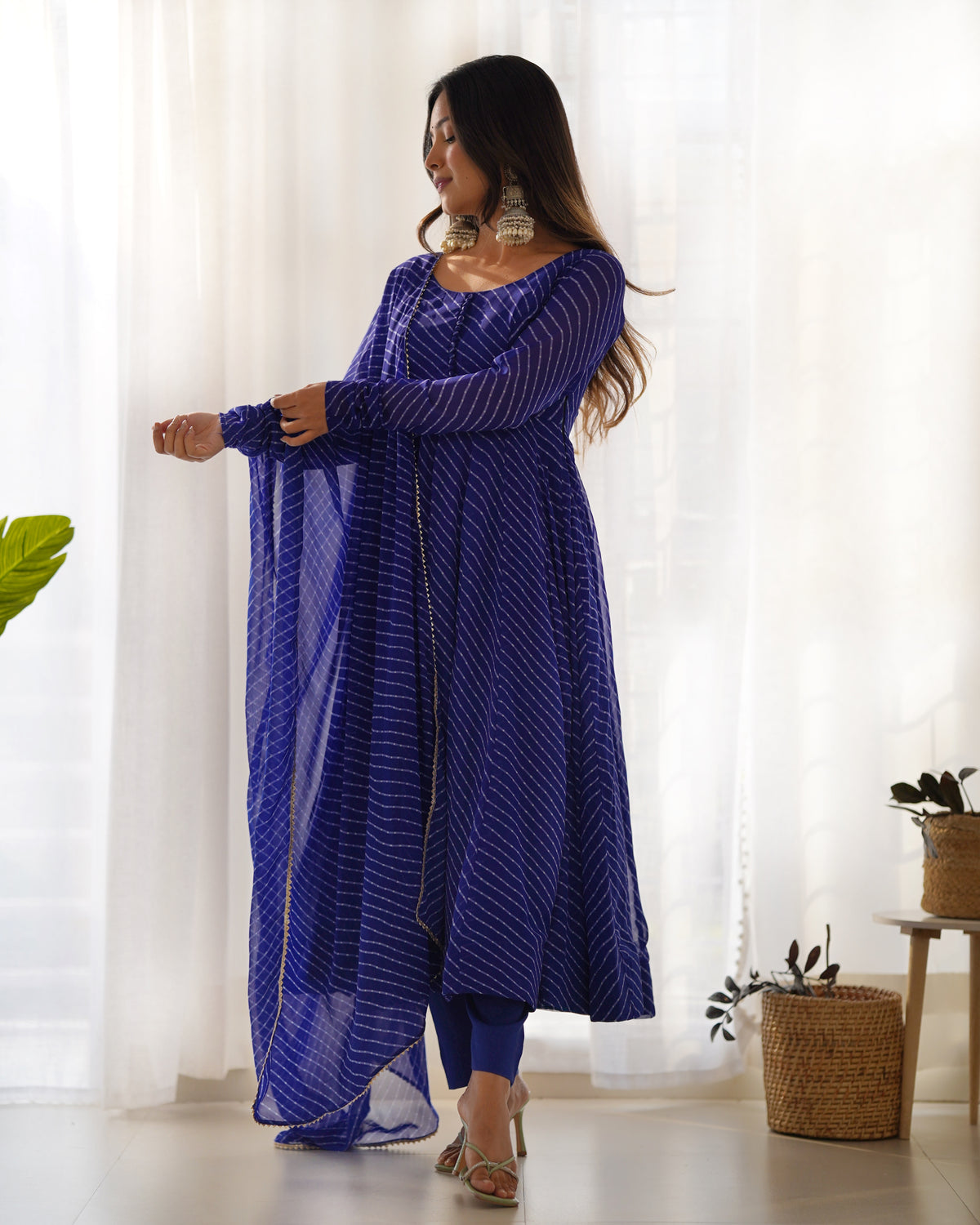 Royal Blue Leheriya Printed Georgette Flared Anarkali Gown with Dupatta & Pant Set