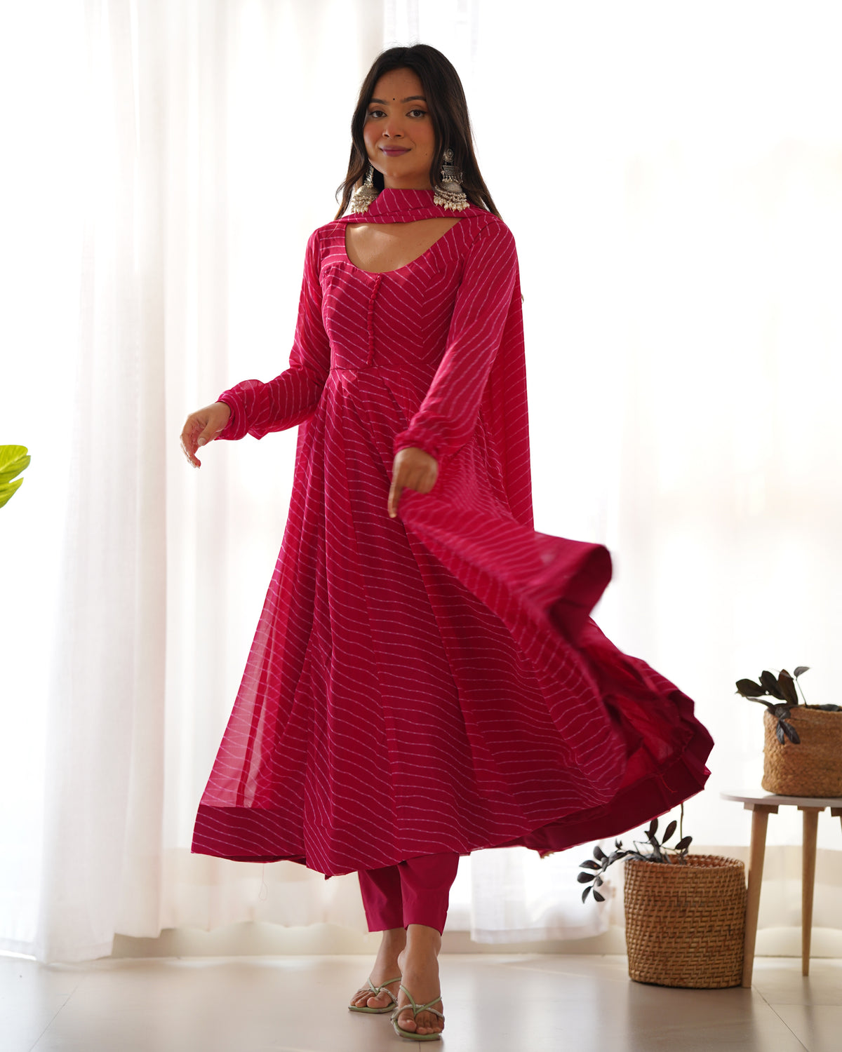 Rani Pink Leheriya Printed Georgette Flared Anarkali Gown with Dupatta & Pant Set