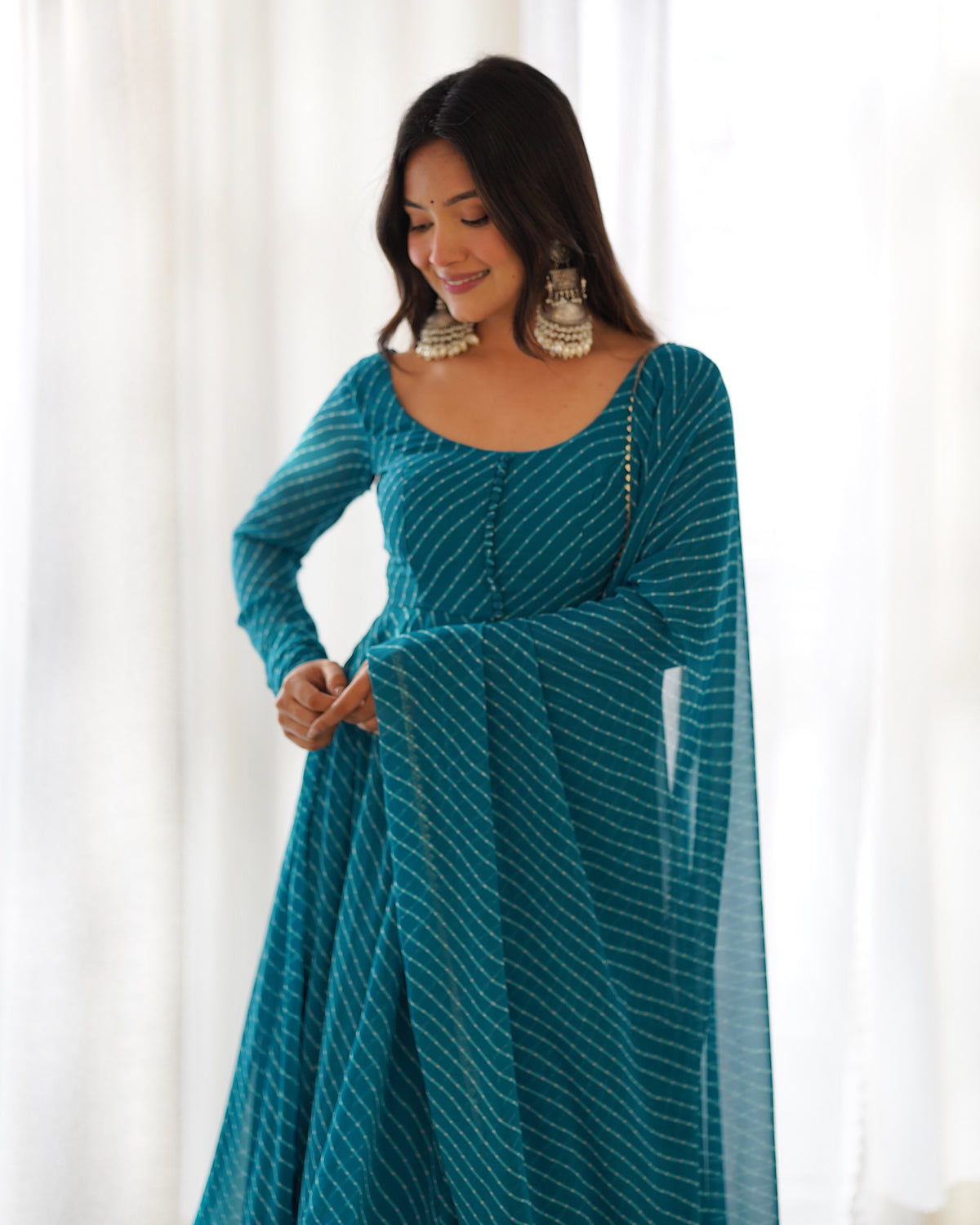 Teal Blue Leheriya Printed Georgette Flared Anarkali Gown with Dupatta & Pant Set