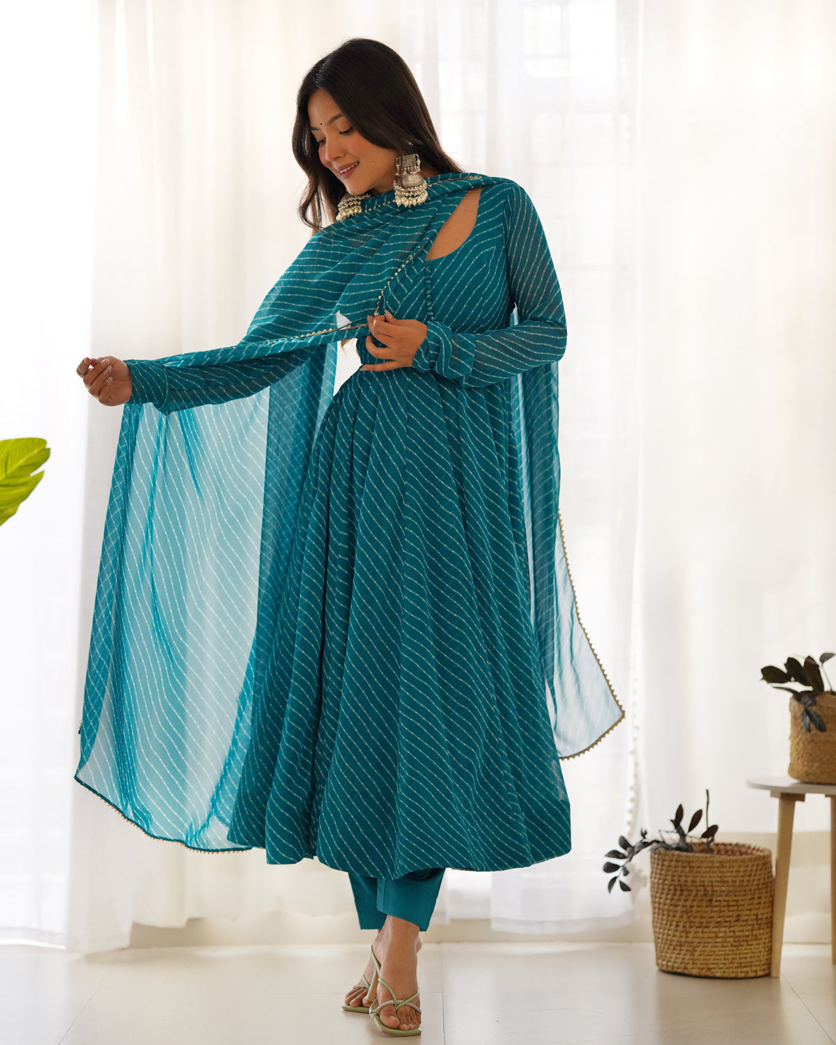 Teal Blue Leheriya Printed Georgette Flared Anarkali Gown with Dupatta & Pant Set
