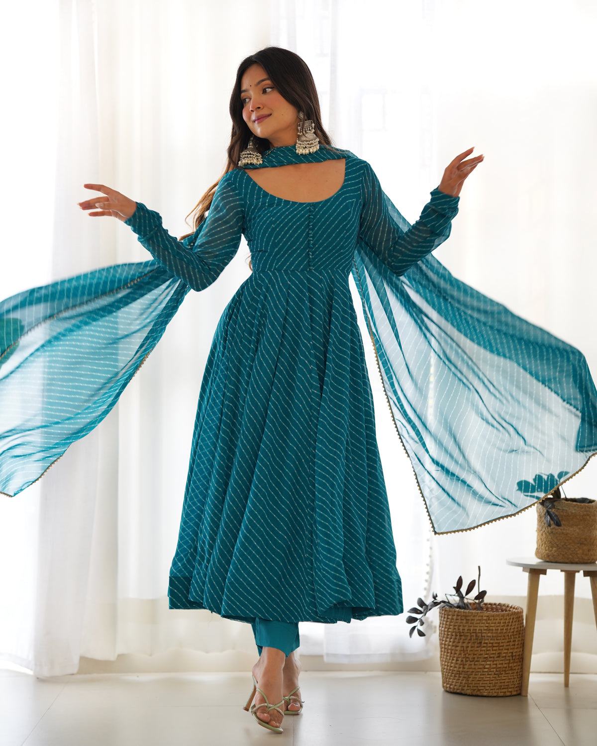 Teal Blue Leheriya Printed Georgette Flared Anarkali Gown with Dupatta & Pant Set