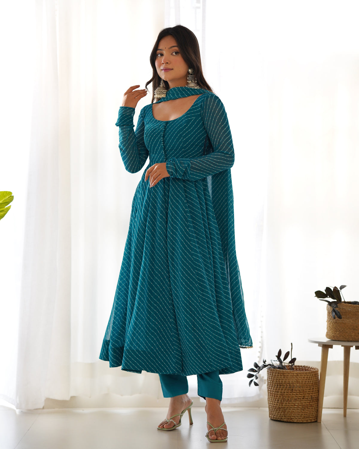 Teal Blue Leheriya Printed Georgette Flared Anarkali Gown with Dupatta & Pant Set